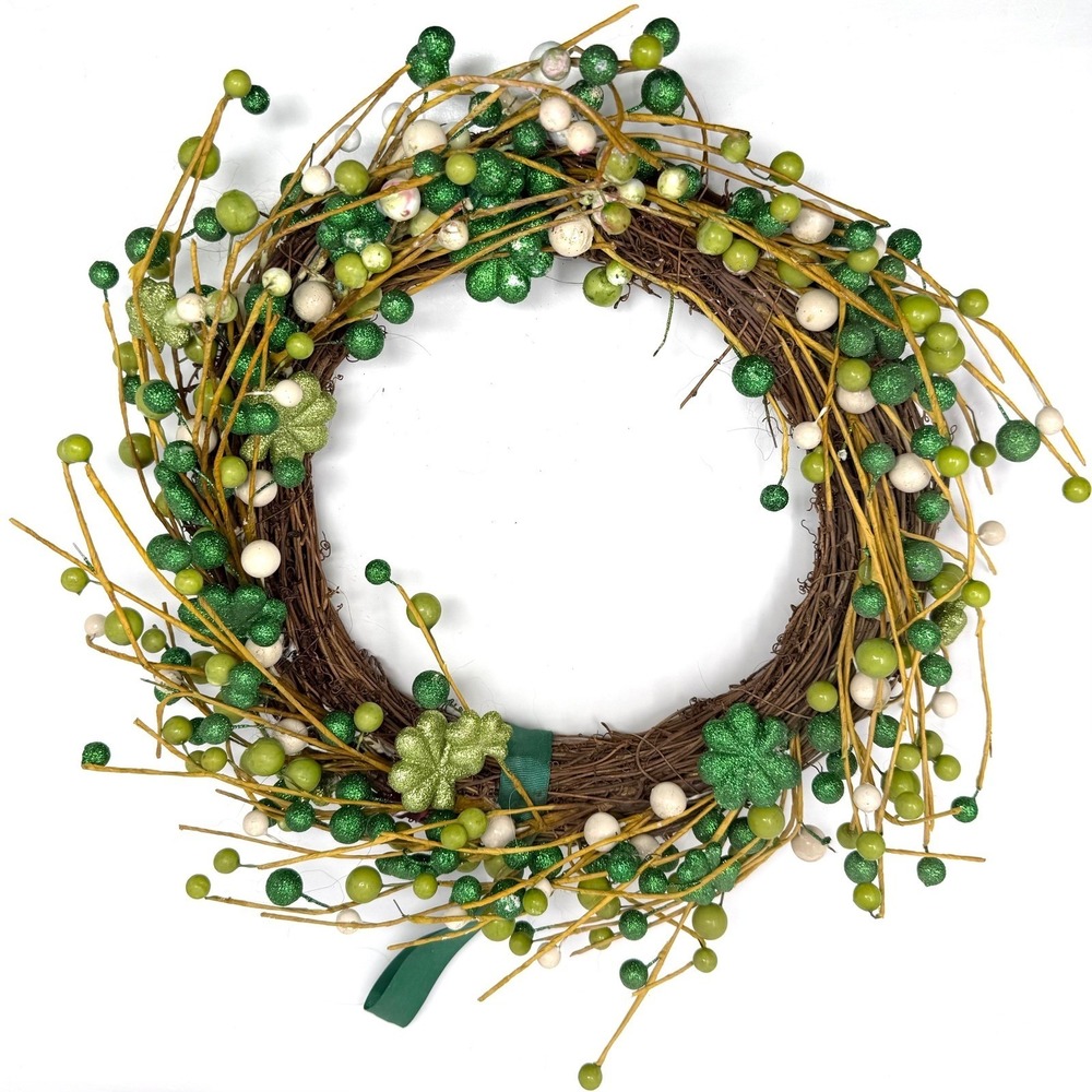 St Patricks Day Shamrock Grapevine Wreath Green Glitter Berries Wall Decor 16in